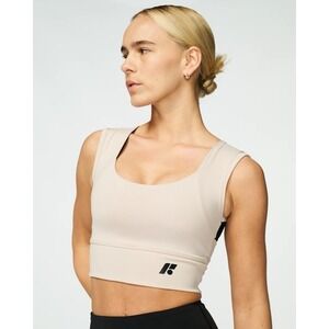 Forme Sports Bra Colorblock Beige Black M Wireless Stretch Pullover RN#158255